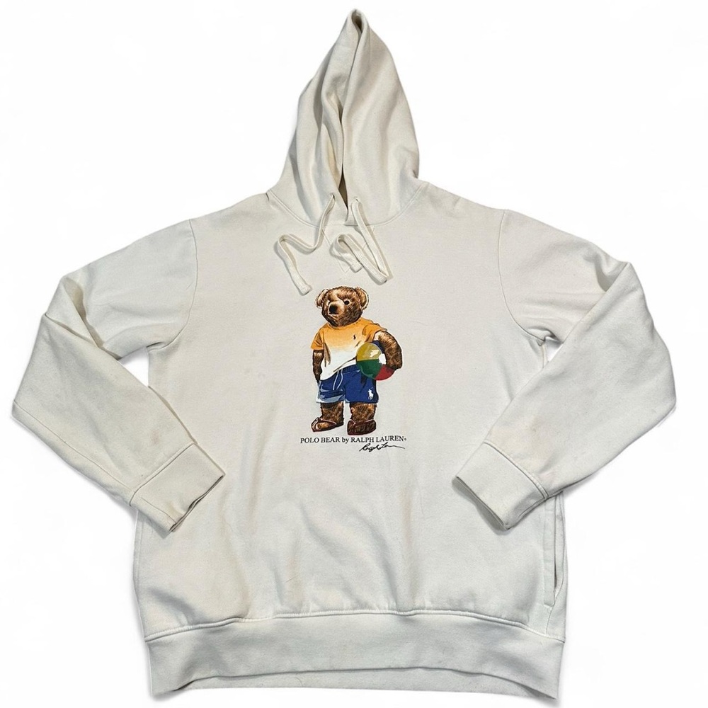 Polo Ralph Lauren Beach Ball Bear Ivory White‎ Hooded Sweatshirt Size Large